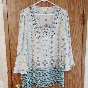 Style & Co. White Tunic with Blue and Black Print and Tassel Tie